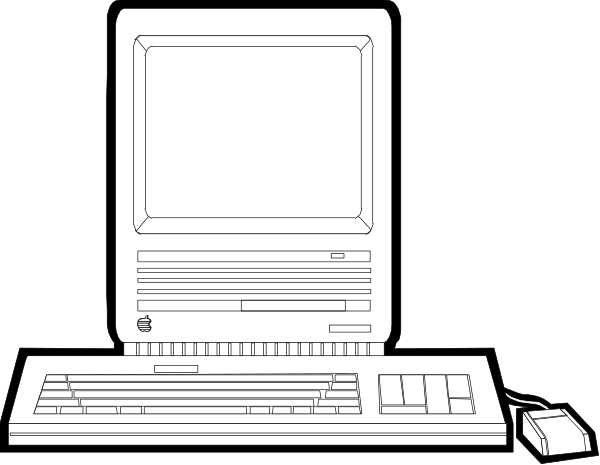 The black and white illustration shows a computer setup with an open laptop on top of it is another monitor; to its right there's a keyboard in front of both screens.