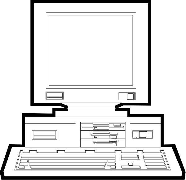 The black and white illustration shows a desktop computer with its monitor displaying nothing on it; to the right of this is an open laptop screen showing what appears to be a spreadsheet application interface.