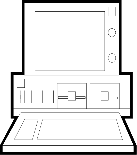 The black and white illustration shows a laptop computer on top of an open box with various electronic components visible inside it against a plain background.
