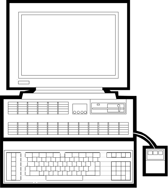 The image shows a desktop computer setup with an open laptop on top of it displaying what appears to be a blank screen; there is also a keyboard in front of the monitor connected by cables that suggest connectivity between devices, and below this arrangement sits another closed device resembling either a printer or scanner.