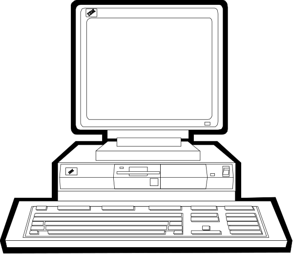 The black and white illustration shows a desktop computer with its monitor turned off on top of it is an older model printer that appears to be in use next to keyboard keys labeled A through Z.