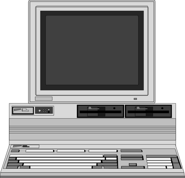The image shows a vintage desktop computer with an open keyboard on top of it against a black background.