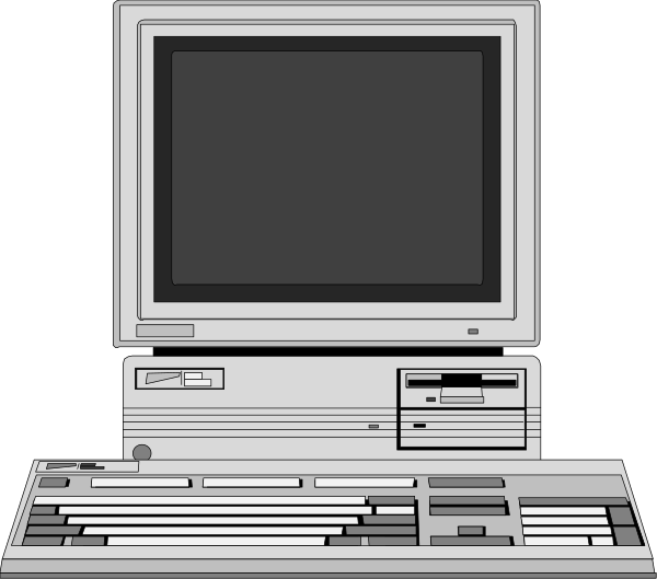 The image shows a desktop computer with an open keyboard on top of it against a dark background; there is no text present in this clip-art illustration.