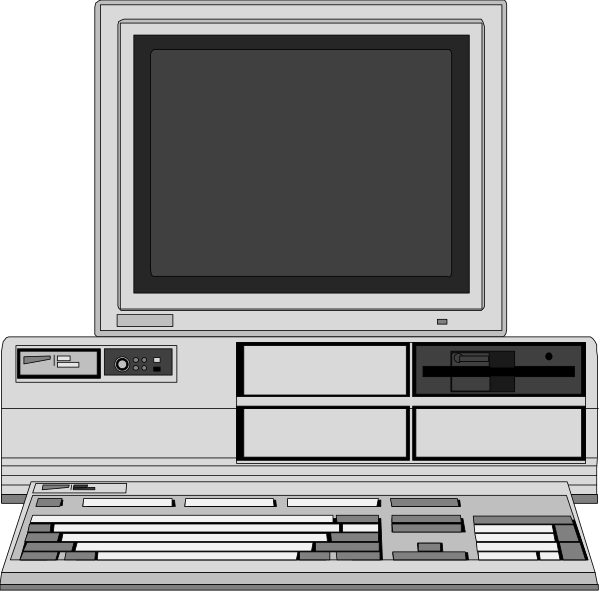 The image shows a computer setup with an old desktop monitor on top of it displaying nothing but blackness; to its right is another screen that appears blank as well; below these screens sits what looks like a keyboard and possibly some other electronic equipment, all set against a dark background.