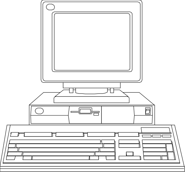The black and white illustration shows a desktop computer with its monitor turned off on top of what appears to be an open boxed printer, accompanied by two keyboards: one in front of it that seems like part of the setup for printing documents directly from the keyboard, and another smaller keyboard placed next to the main unit.