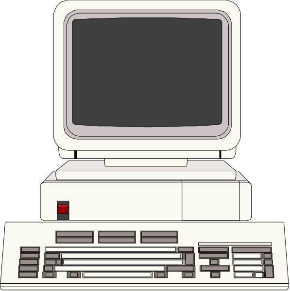 The image shows a vintage computer with its screen off on top of an old keyboard, set against a black background.