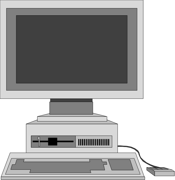 The image shows two computer monitors side by side on a desk with keyboards beneath them; to their right is an older desktop model of a personal computer tower sitting next to it.