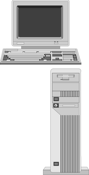 The image shows a desktop computer tower with its monitor on top of it placed next to an older model laptop that is open in front of both devices.