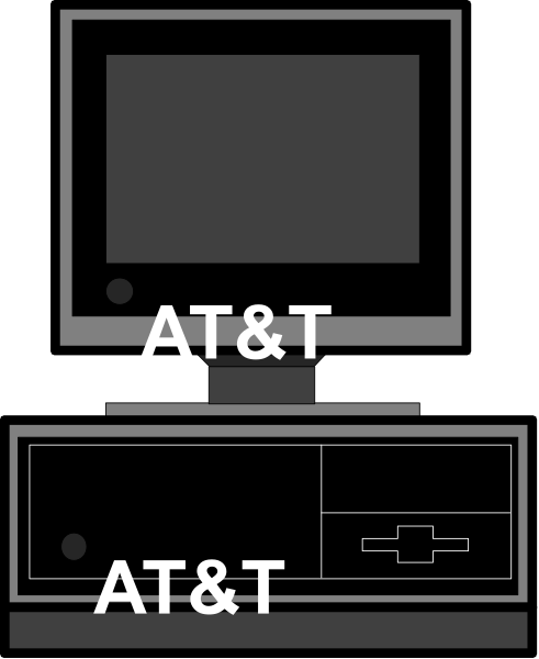 The image shows a computer monitor with an AT&T logo on it placed next to another device that appears to be either a router or modem in front of which is text reading "AT&T."