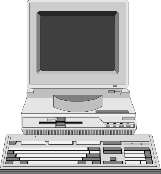 The image shows two different views of a desktop computer: an overhead view on top showing its keyboard and monitor with no visible screen content, and below it is another perspective that includes more details like buttons, ports, and possibly internal components such as RAM slots or hard drive bays.