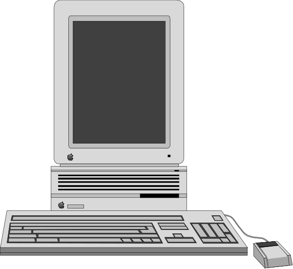 The image shows a desktop computer with its monitor turned off on top of an open keyboard, placed next to another closed laptop in front of it all set against a dark background.