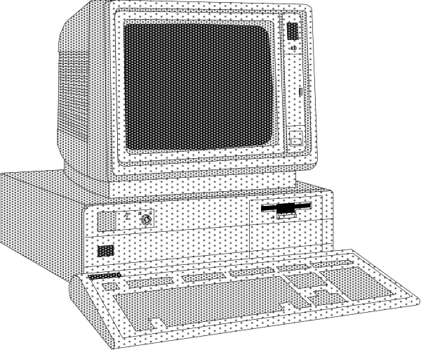 The image shows a vintage computer monitor with an old keyboard next to it on what appears to be a dark background.