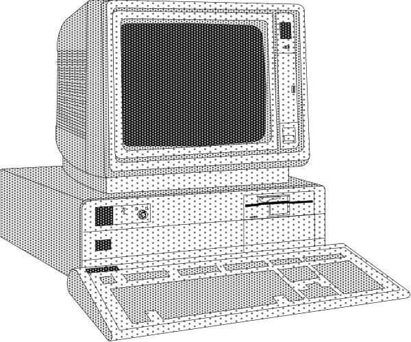 The image shows a vintage computer setup with an old CRT monitor on top of it displaying static lines, floppy disk drive to its right side, keyboard in front, mouse next to the keyboard, all set against a dark background.