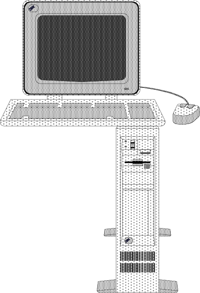 The black and white illustration shows a laptop computer on top of an old CRT monitor with speakers flanking it; both devices appear to be vintage technology items from past decades.
