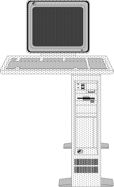 The image shows a black and white pixelated representation of an office chair with wheels on it placed next to what appears to be a computer monitor that is turned off.