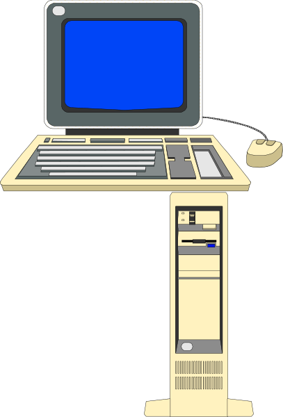 The image shows a computer monitor with blue screen on top of an open laptop that is connected to it by cables; both devices appear old-fashioned in design.