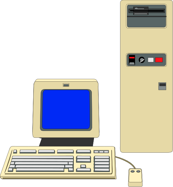 The illustration shows a desktop computer with an old monitor on top of it next to what appears to be a printer-copier machine in front of them both.