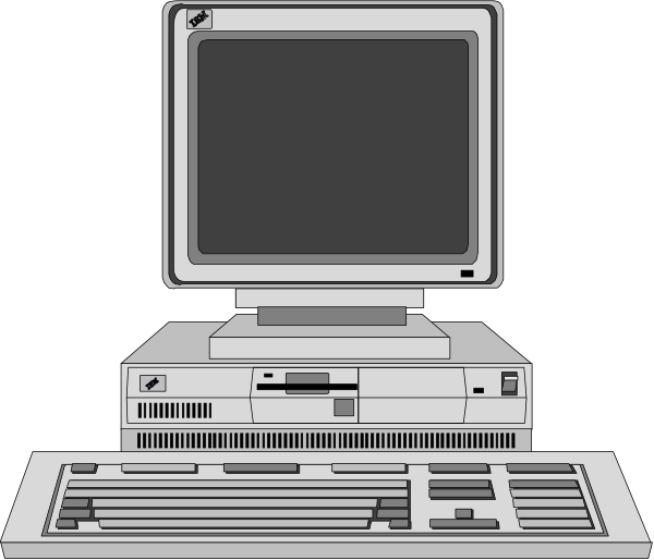 The image shows a desktop computer with its monitor turned off on top of it is an old model keyboard and mouse to the right side.