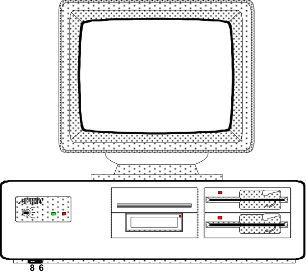 The black and white illustration shows a computer monitor with an old CRT design on top of what appears to be a desktop PC tower that has two floppy disk drives visible in front.