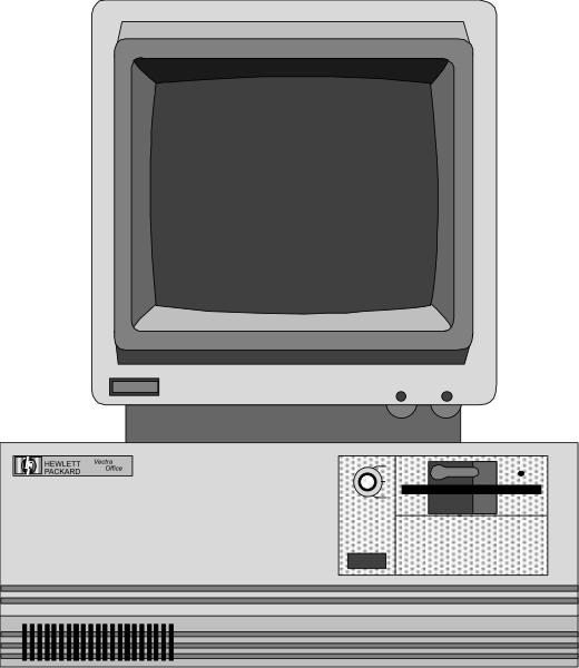 The image shows a vintage computer monitor with an old CRT display on top of it, placed against a dark background that resembles space.