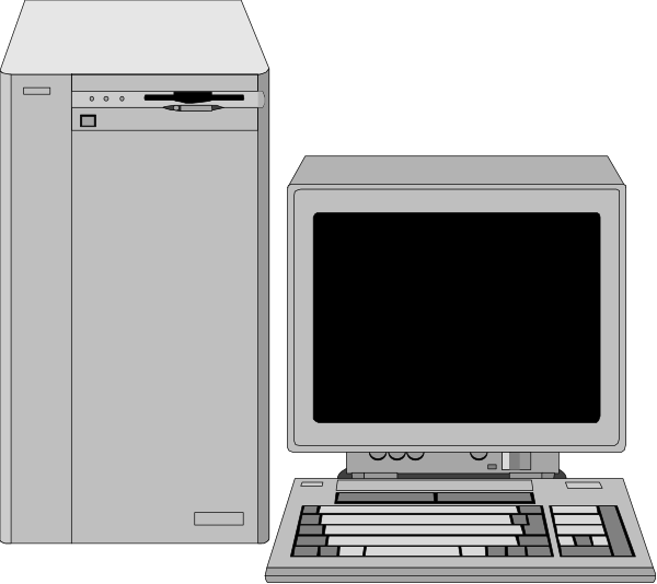 The image shows a computer setup with two desktop computers side by side on what appears to be an office desk against a dark background; one of them has its monitor turned off while displaying keyboard keys in white text, and there is no visible user interface beyond that.