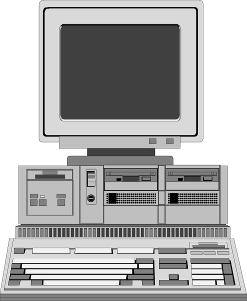 The image shows a vintage computer setup with an old CRT monitor on top of what appears to be a desktop tower unit from around 1985-1990s era, featuring multiple floppy disk drives and keyboard in front. There is no text or human activity depicted within the frame. It's set against a dark background which contrasts with the light coloring on the computer equipment. The style of image suggests it could be used for educational purposes to illustrate older computing technology.