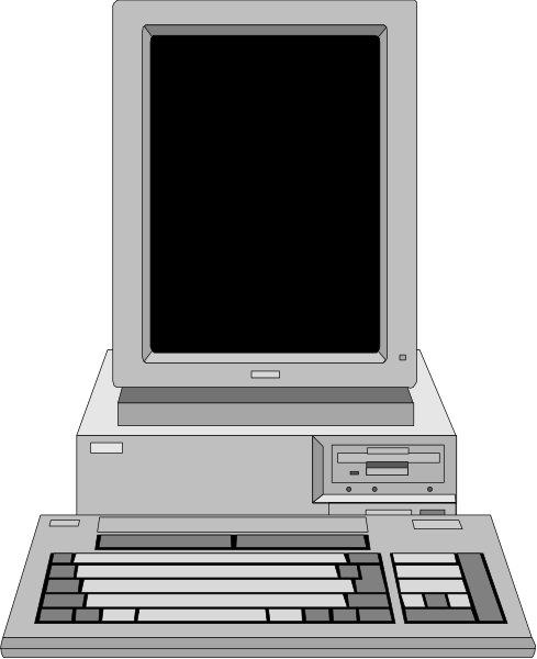 The image shows a desktop computer with an open monitor displaying nothing on its screen, placed against a dark background that appears to be solid black in color.