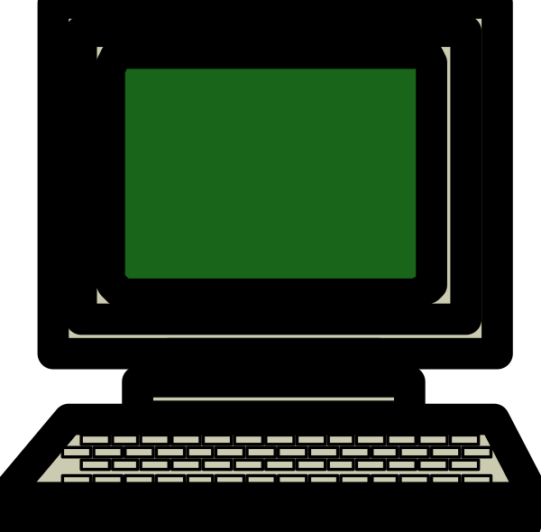 The image shows a computer monitor with an open window displaying a blank green screen on top of what appears to be a keyboard in front of it against a black background.