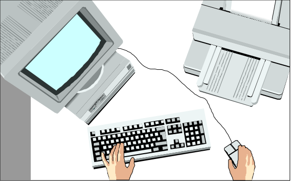 The image shows a person's hands using two computer keyboards with mice on top of them; there is also an old-fashioned desktop printer in front of one keyboard.