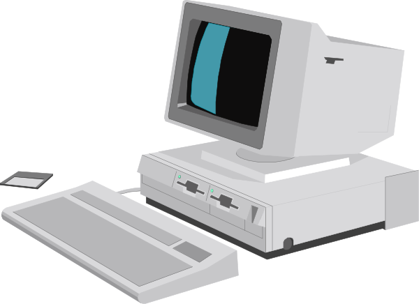 The image shows a computer monitor with blue screen on top of an old CRT desktop computer unit that is white and gray in color.