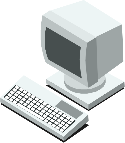 The image shows a computer monitor with its screen turned off next to an old desktop keyboard on what appears to be a desk surface against a plain background.