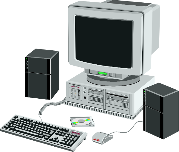 The illustration depicts a desktop computer setup with various components including monitor, keyboard, mouse, speakers, CD drive, tower unit, hard drives, cables, and peripherals on top of desk against dark background.