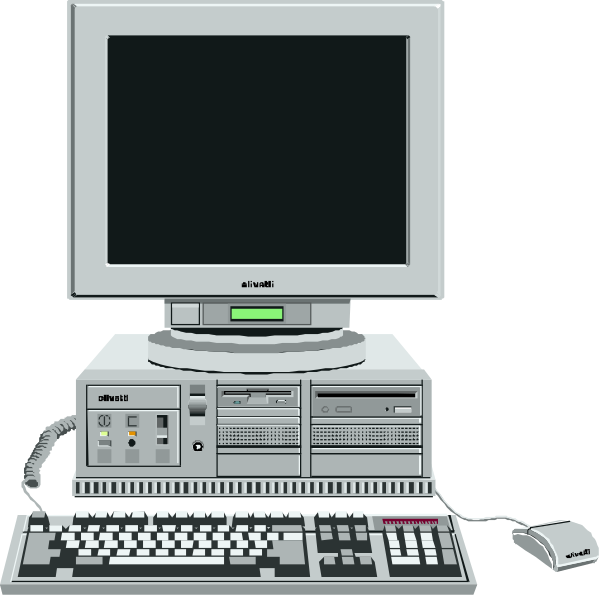 The image shows a desktop computer with monitor turned off on top of it; to its right is an open keyboard with mouse next to it in front of the machine.