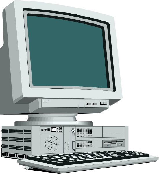 The image shows a vintage desktop computer with an old monitor on top of it, placed against a dark background that resembles space.