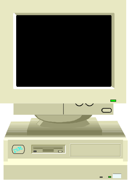 The image shows a vintage desktop computer with an old monitor displaying nothing on its screen.