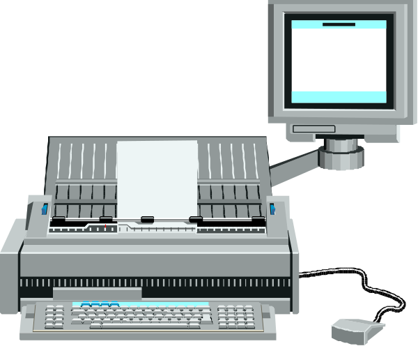 The image shows a computer desk with an old desktop printer on it next to a monitor displaying what appears to be a blank screen; there is also a keyboard in front of the monitor. To the right side, partially visible and out-of-focus due to perspective distortion, are two hands operating a mouse connected by wire to another device not fully shown within this frame. The background suggests an office setting with low lighting conditions that cast shadows on what seems like a dark surface beneath the desk.