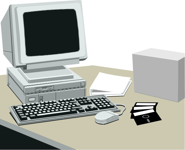 The image shows a computer desk with an old CRT monitor displaying static on its screen next to a keyboard and mouse; there is also a printer in front of it all.