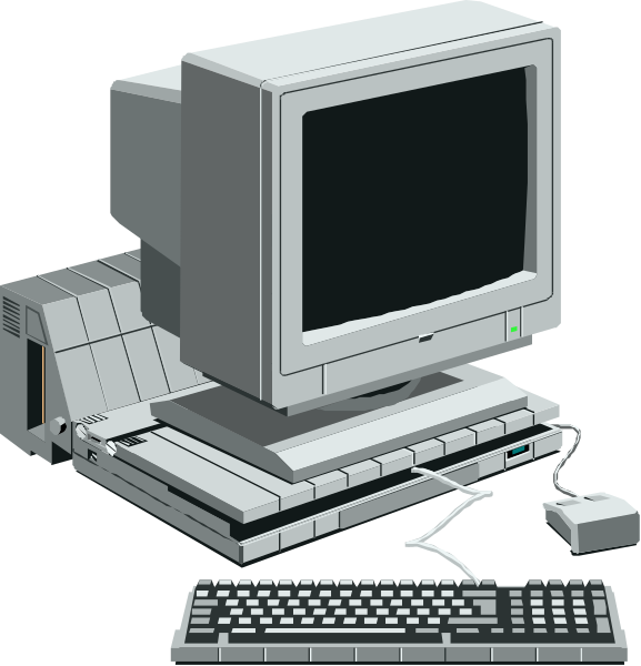 The image shows a computer desktop with two monitors: on top of each other is an old CRT monitor displaying what appears to be Windows 95; below it sits another smaller screen showing Linux Mint, and there's a keyboard in front. To its right are the peripherals—a mouse connected by cable and a USB hub or dock with additional ports for devices not shown here. The image is stylized as clip-art illustration rather than realistic photography.