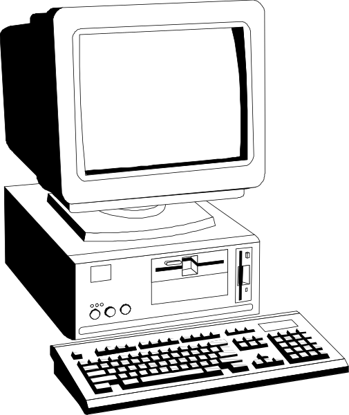 The black and white illustration shows a desktop computer with an old CRT monitor on top of it, featuring keyboard keys visible below the screen.