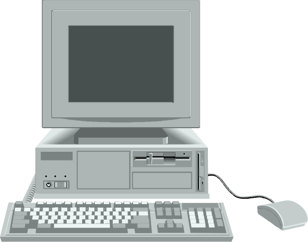The image shows a desktop computer with its monitor turned off on top of it is an older model keyboard to the right side in front of mouse which has cord connected to laptop screen that's also powered down.