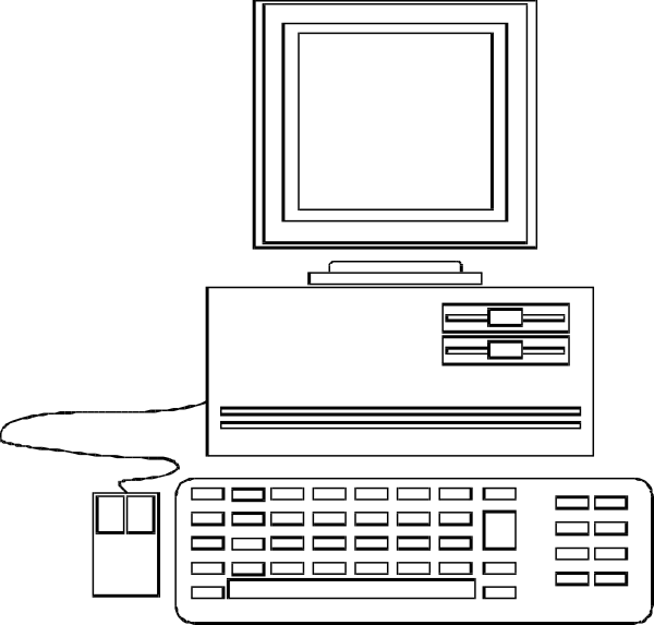 The black and white illustration shows a desktop computer with its monitor turned off on top of it is an older model printer next to keyboard which has buttons visible in front of them.