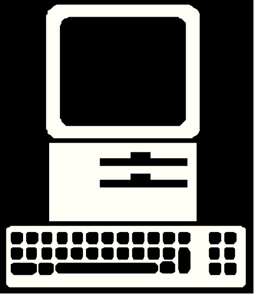 The black and white icon features a computer monitor with an old CRT design on top of it is placed inside another box that has keyboard keys visible at its bottom edge; there's no text present in this image, which focuses solely on these two elements without any additional context or background details provided by the clip-art style.