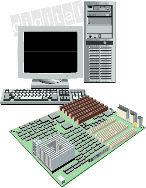 The image shows a computer setup with various components including an open laptop on its side revealing internal hardware, a desktop monitor displaying text that reads "digital," two keyboards in front of it—one for each device—a mouse to the right and another keyboard below it labeled as such, all set against a dark background.