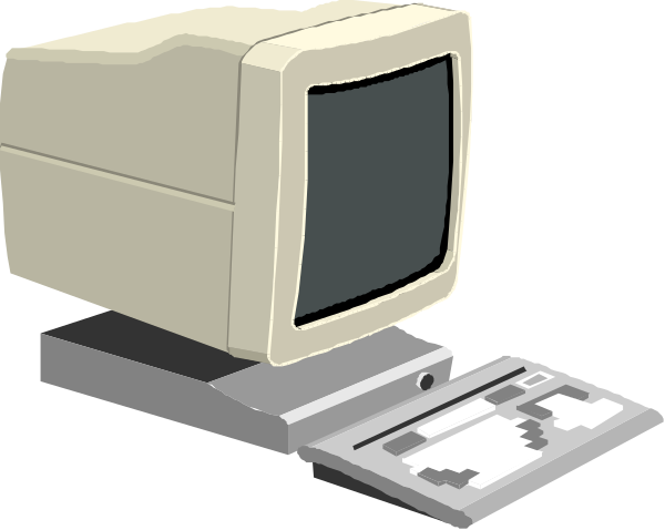 The image shows a computer monitor with an old CRT display on top of it next to what appears to be a keyboard tray that is open revealing some sort of mechanism underneath.
