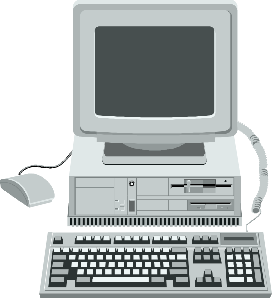 The illustration shows a desktop computer with an old CRT monitor on top of it, accompanied by peripherals such as a keyboard and mouse to its right side.