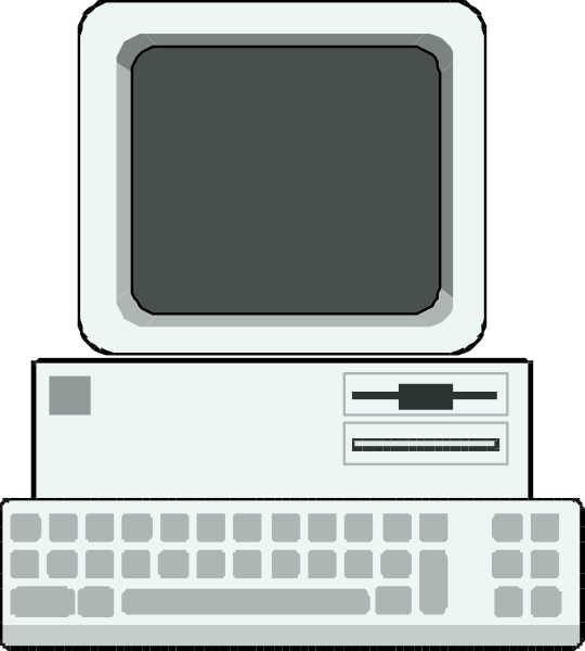 The image shows a computer monitor with an old CRT display on top of it, accompanied by a keyboard below.