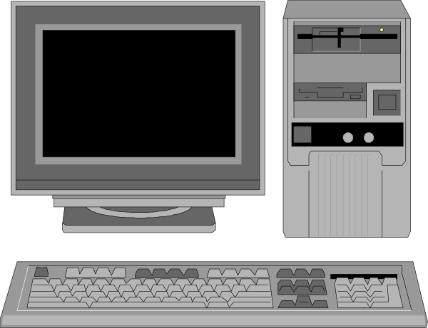 The image shows a computer setup with two monitors displaying black screens, an older model desktop CPU tower between them, keyboards in front of each monitor, and what appears to be a printer on top right corner.