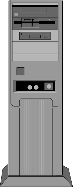 The image shows a computer tower with various ports on its front panel against a dark background.