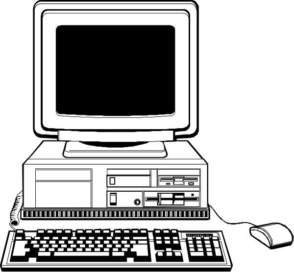 The black and white illustration shows a desktop computer with monitor on top of it next to keyboard and mouse; two keyboards in front of computers suggest multiple users; one user is visible at right side using headphones, while another appears as silhouette behind first person's back.