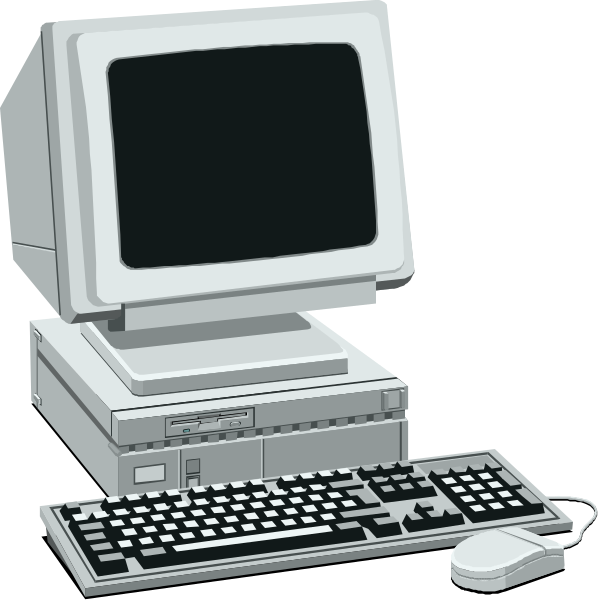 The image shows a desktop computer with its monitor turned off on top of an open keyboard, placed next to another similar but smaller model that is powered up; both computers have white casings and black keyboards.